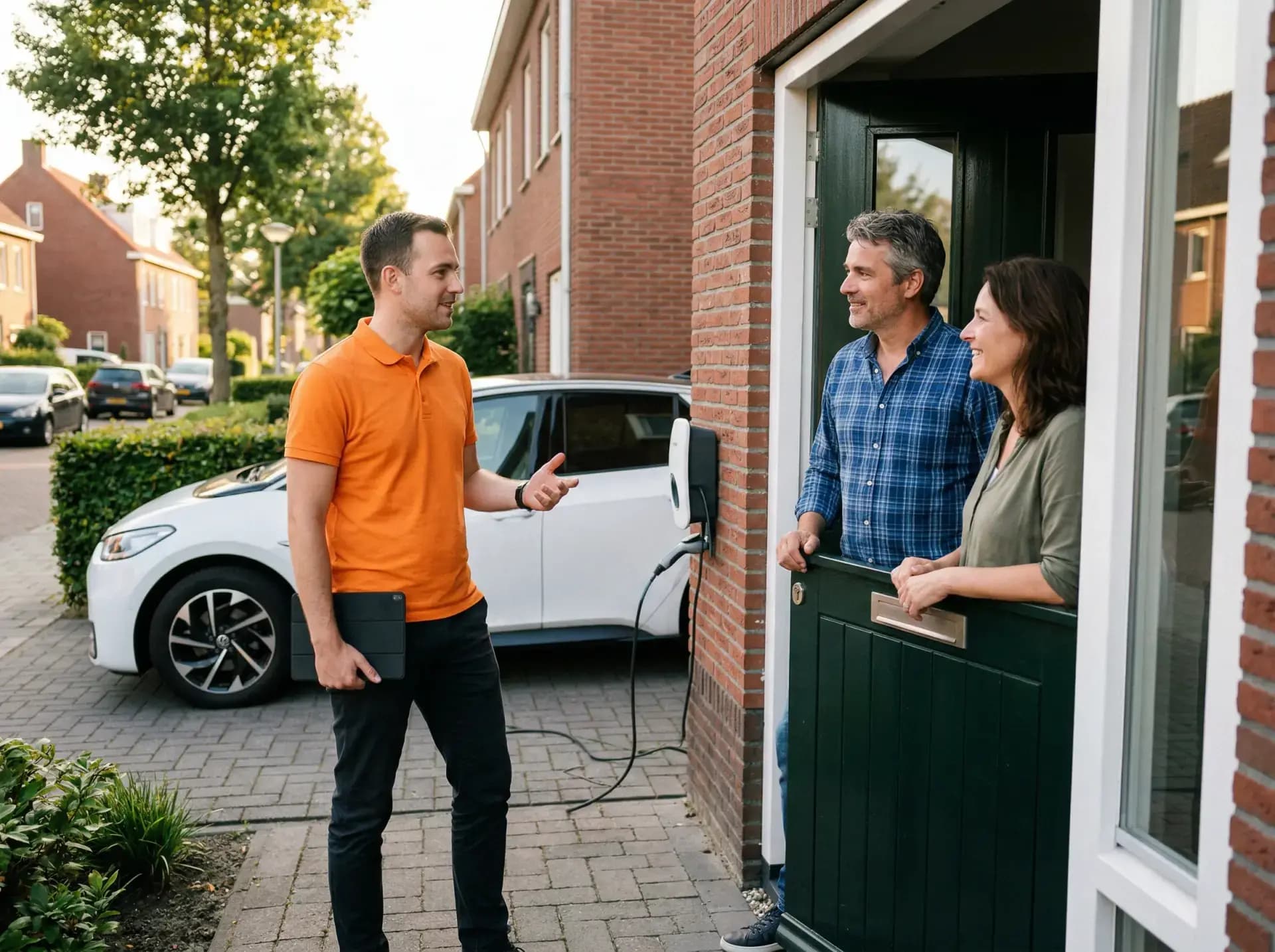 Energieadviseur bespreekt laadpaal-advies met huiseigenaar bij elektrische auto