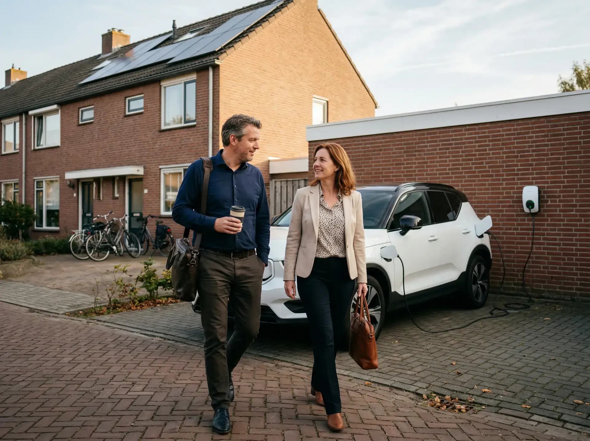 Gezin vertrekt bij elektrische auto die aan thuislader op oprit is opgeladen