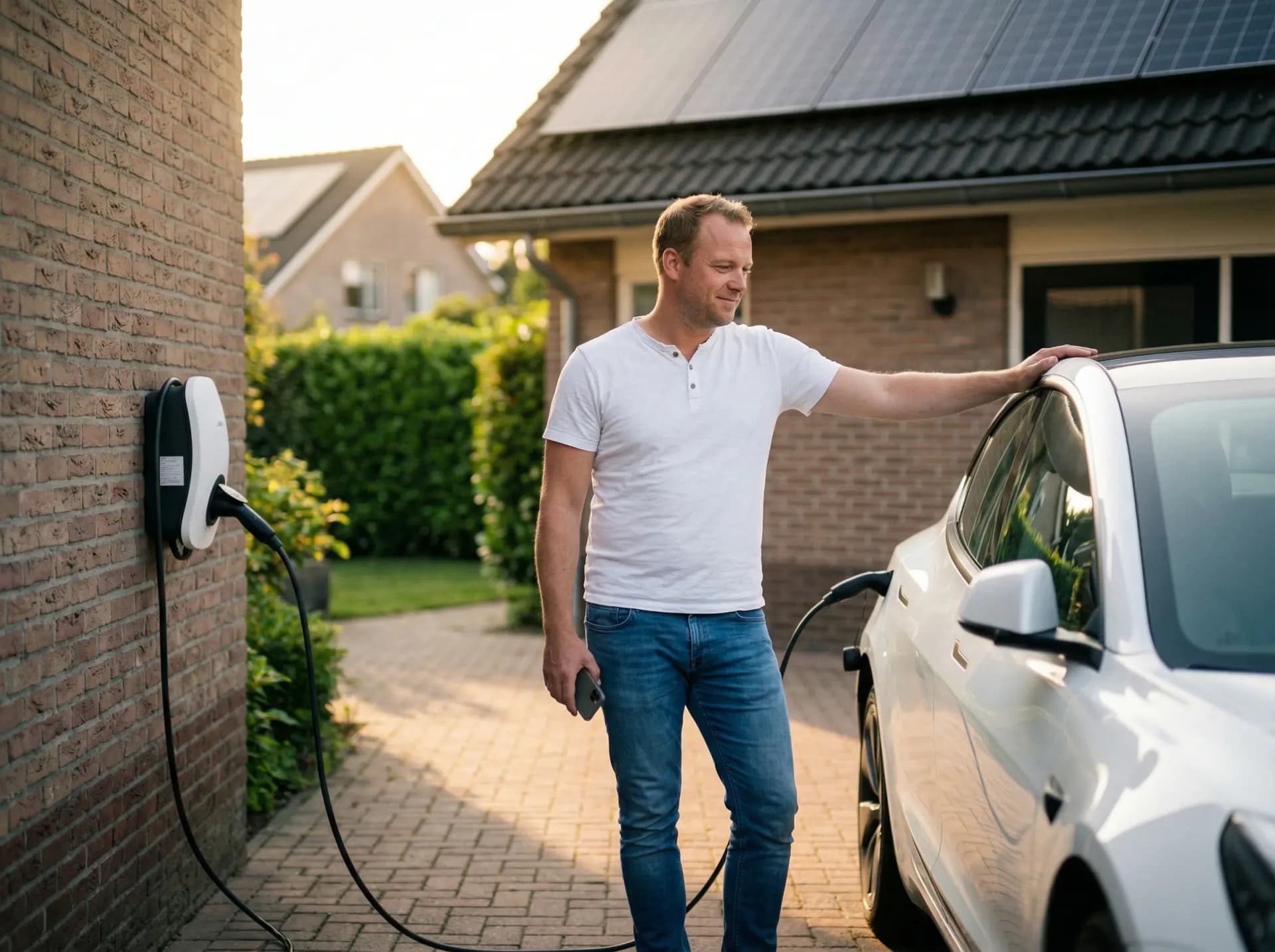 Huiseigenaar bekijkt laadverbruik op smartphone-app bij elektrische auto