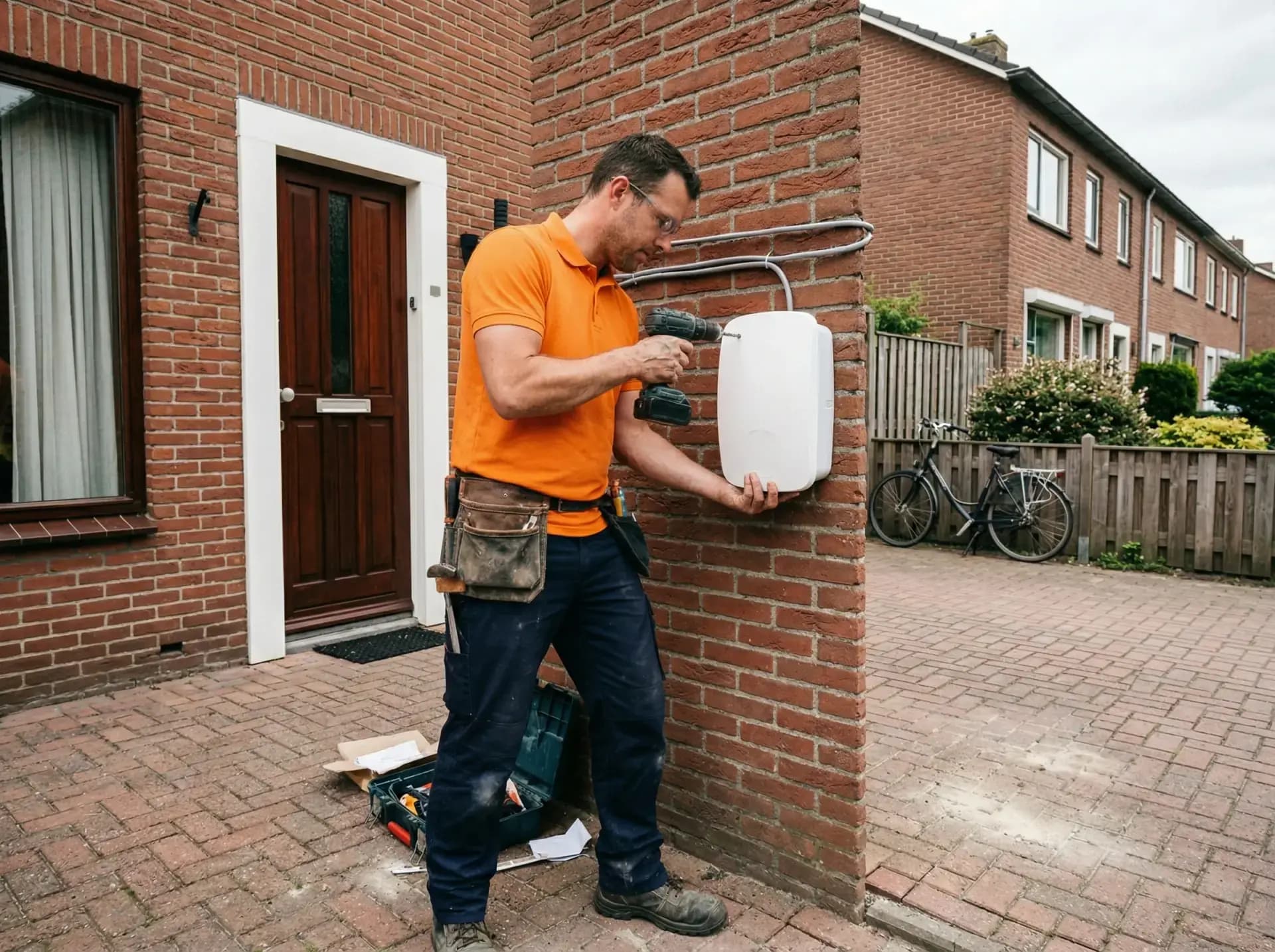 Installateur monteert laadpaal aan gevel van Nederlandse woning