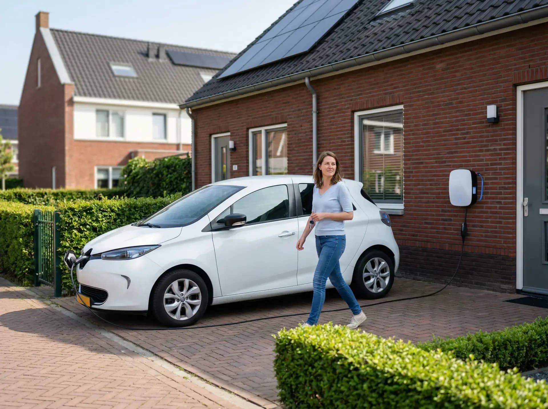 Elektrische auto laadt op aan witte laadpaal op oprit van Nederlandse woning