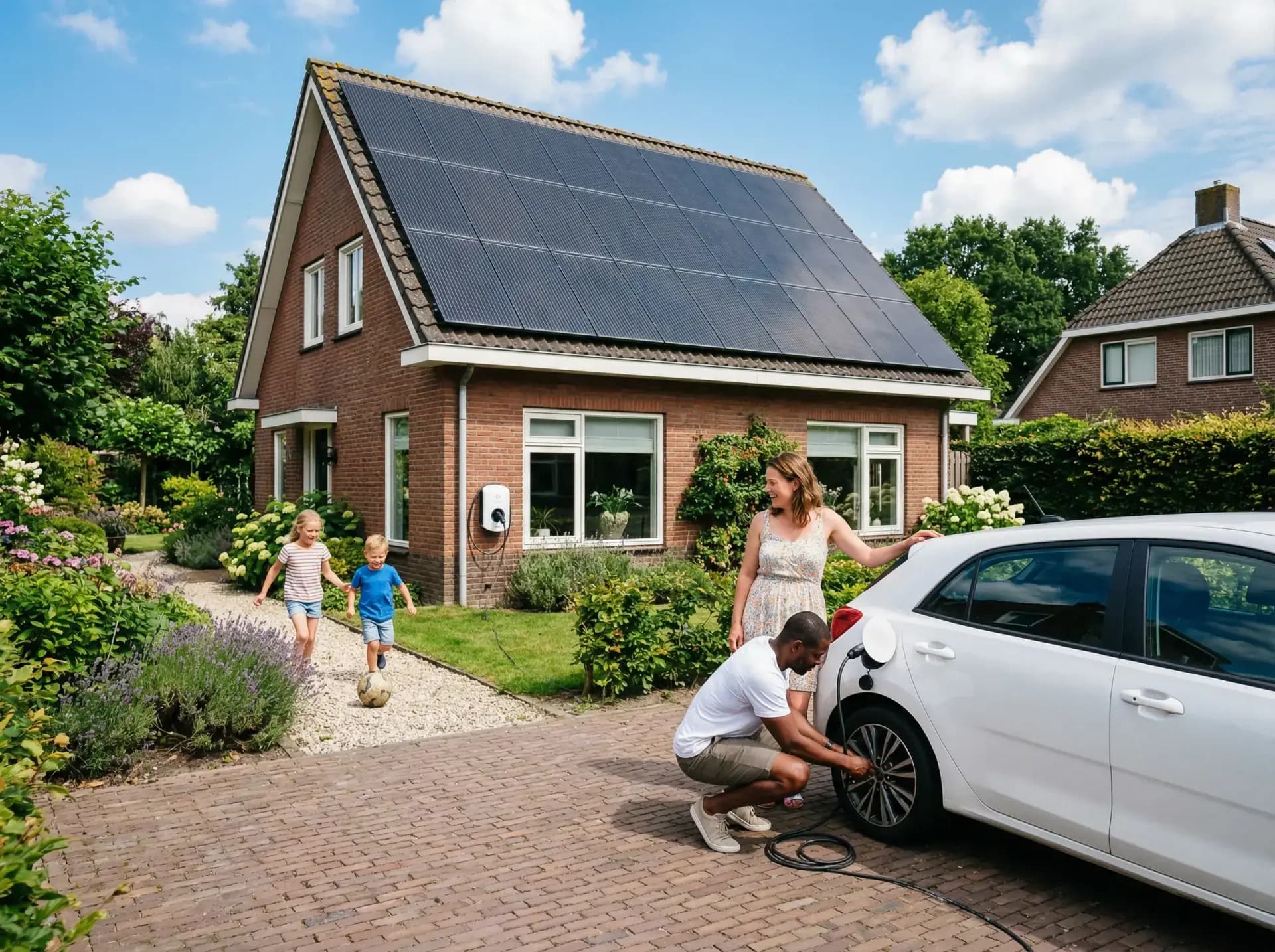 Laadpaal met zonnepanelen op dak Nederlandse woning bij zonnig weer