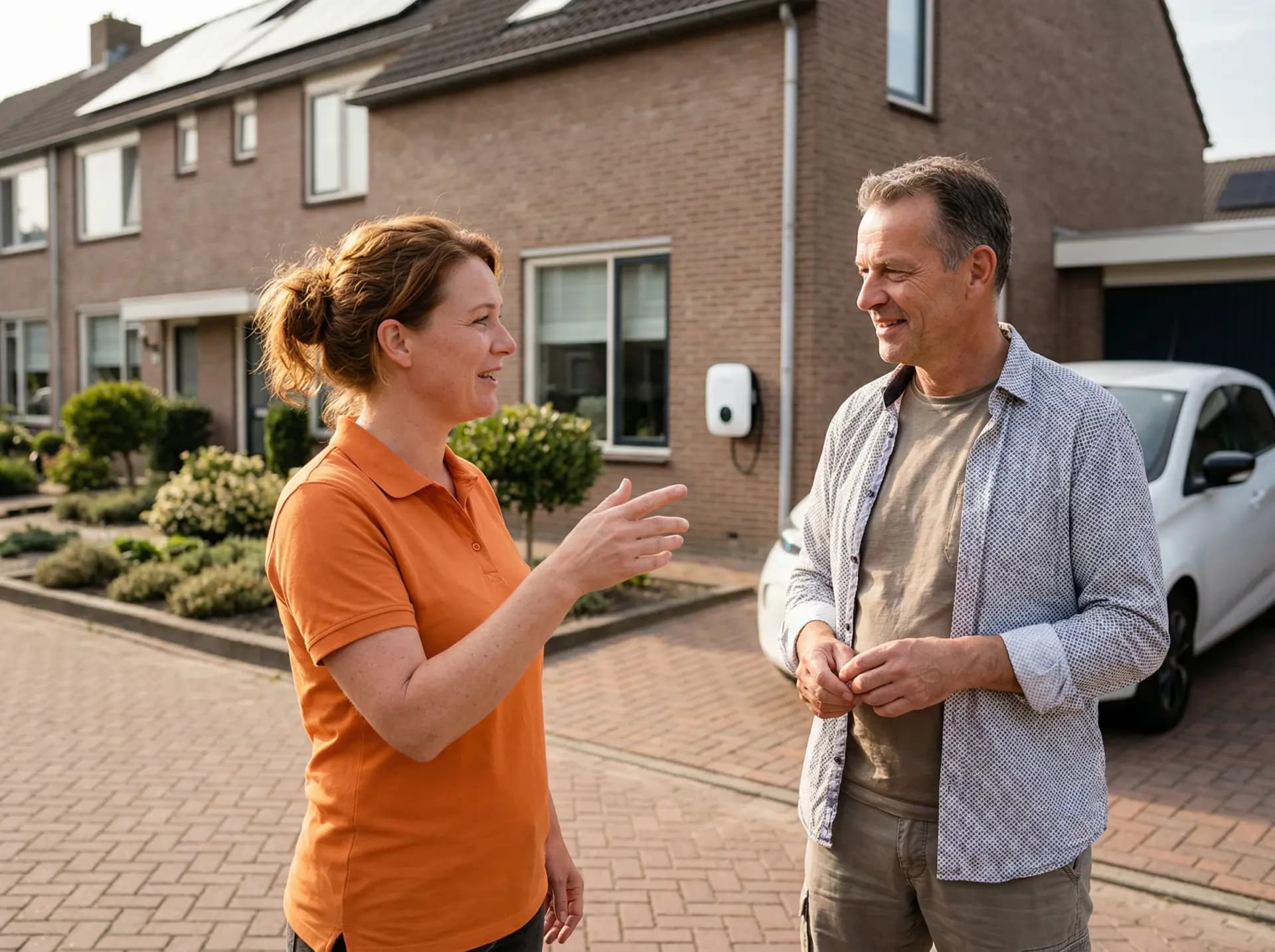 Anteas adviseur in gesprek met klant bij oprit met laadpaal