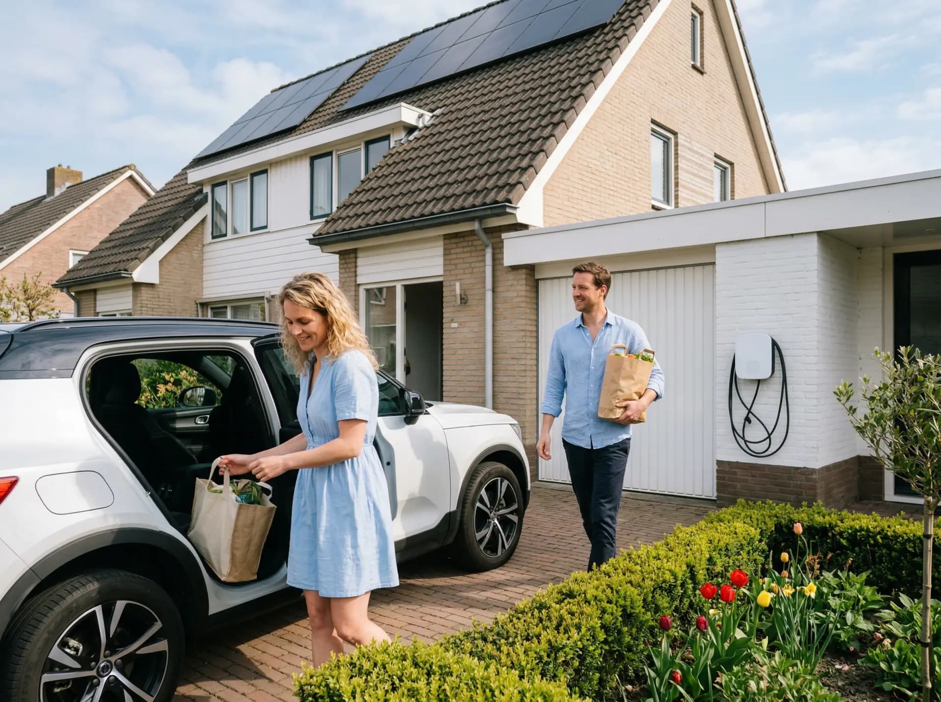 Easee Charge Max laadpaal in wit gemonteerd op buitenmuur