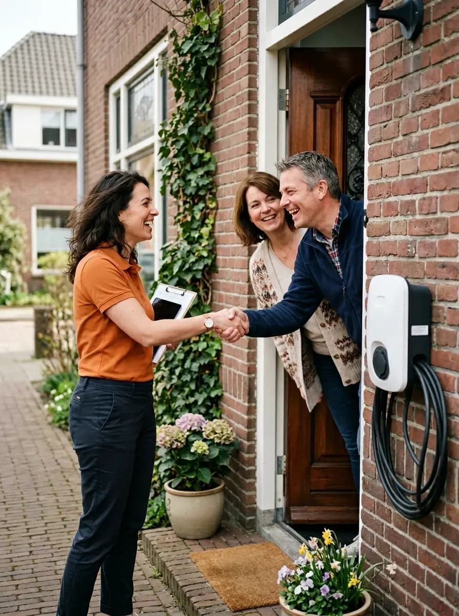 Anteas adviseur in gesprek met klant bij oprit over Wallbox laadpaal