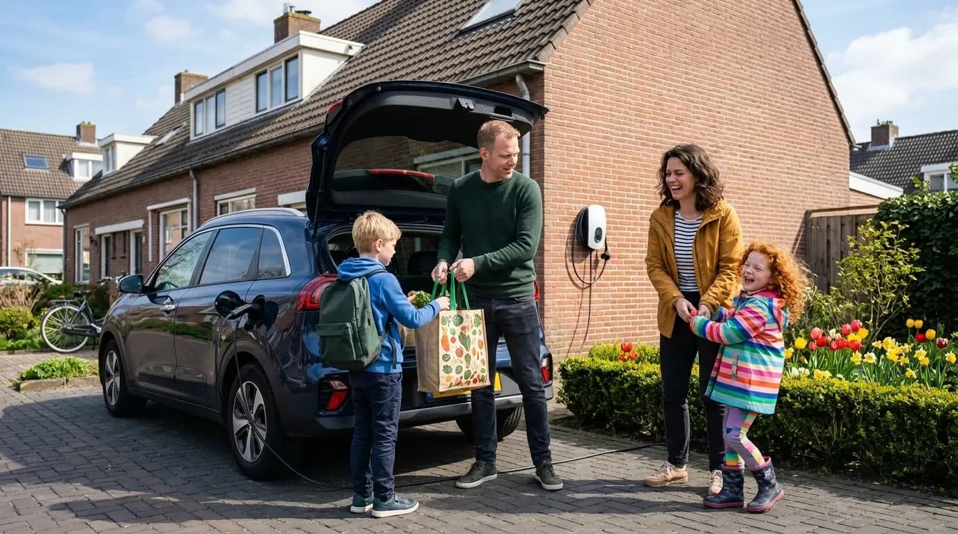 Gezin bij oprit met elektrische auto die laadt aan Wallbox laadpaal