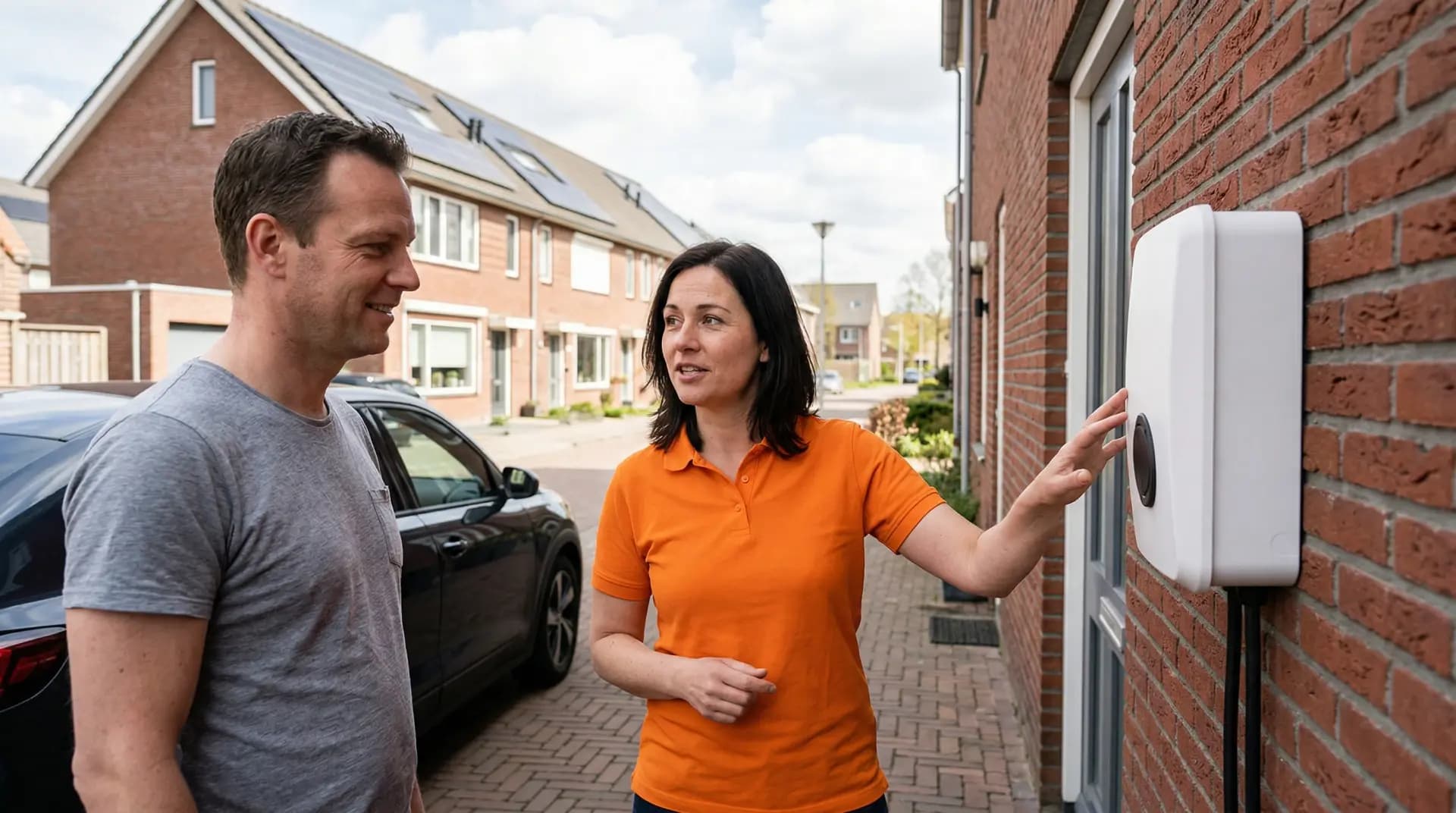 Anteas adviseur in gesprek met klant bij oprit met Zaptec laadpaal