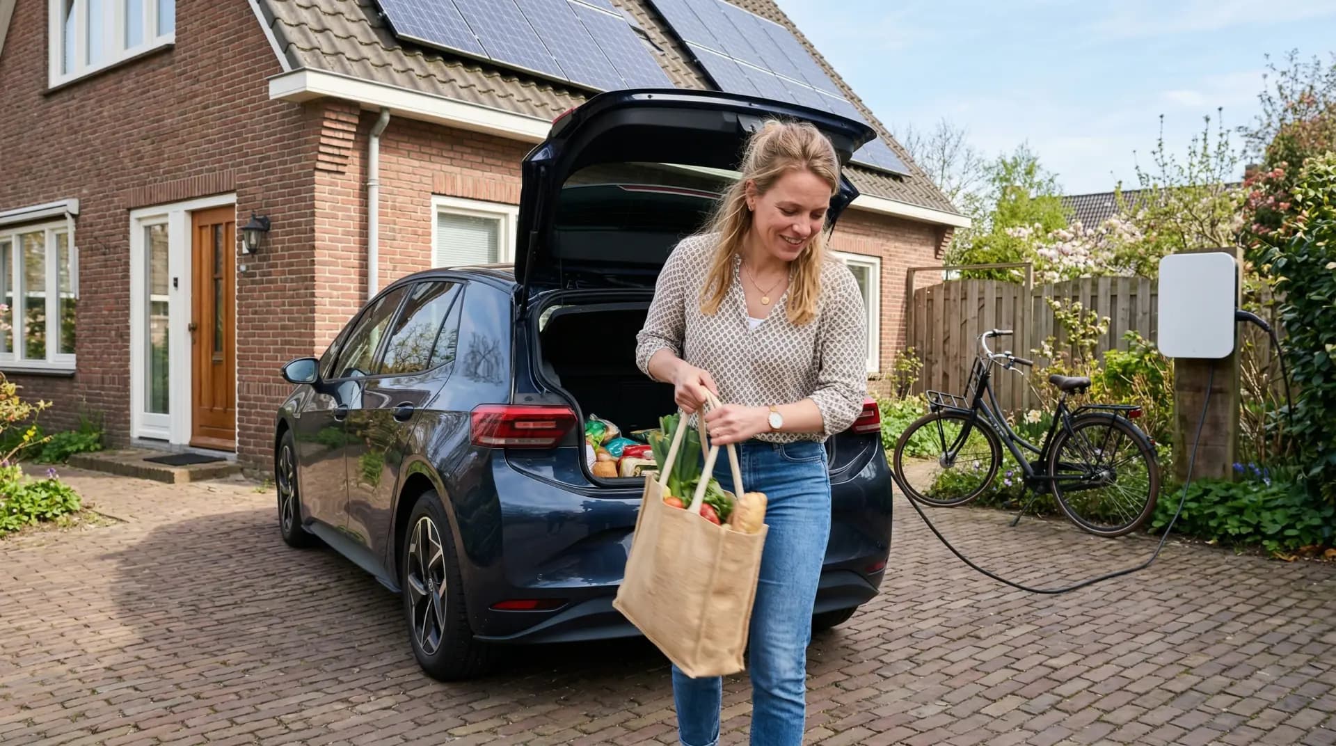 Gezin bij oprit met elektrische auto die laadt aan Zaptec laadpaal