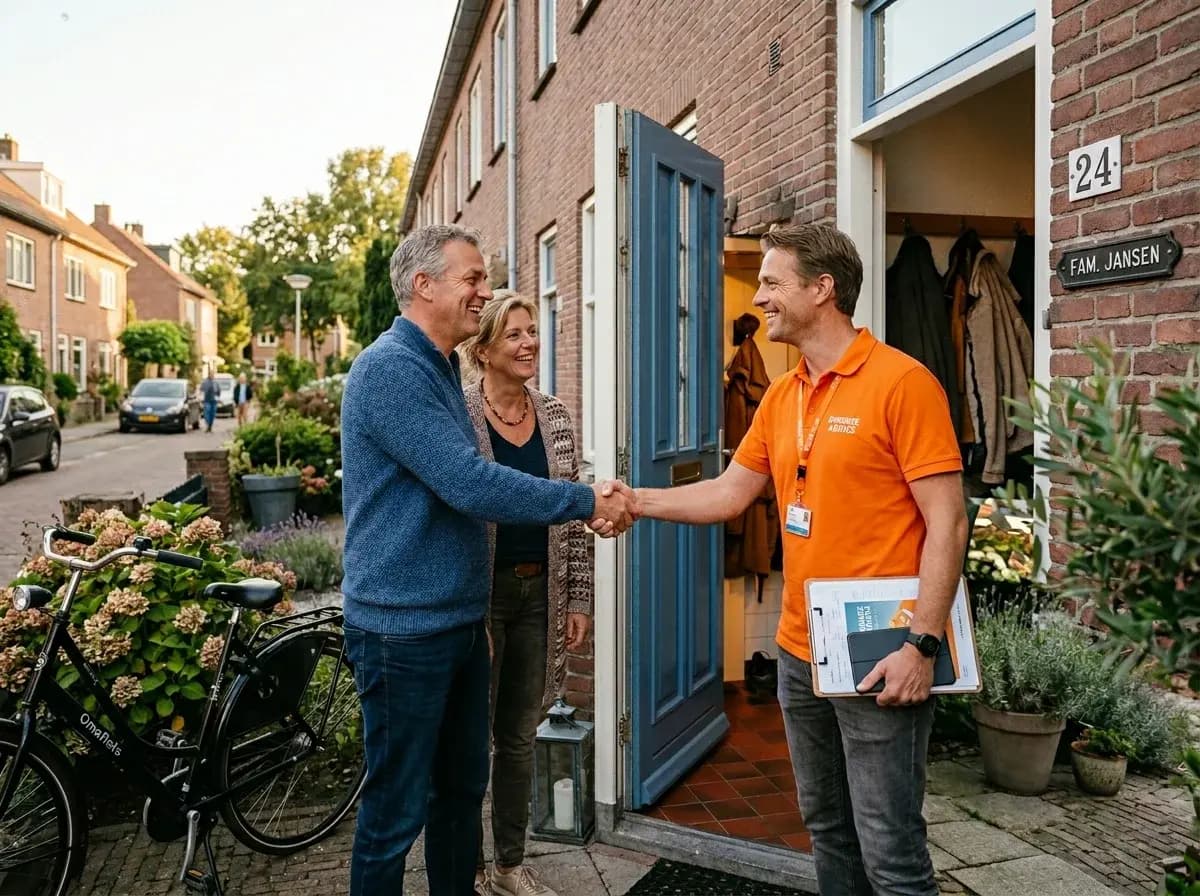 Energieadviseur in oranje polo bespreekt thuisbatterij-advies met klant