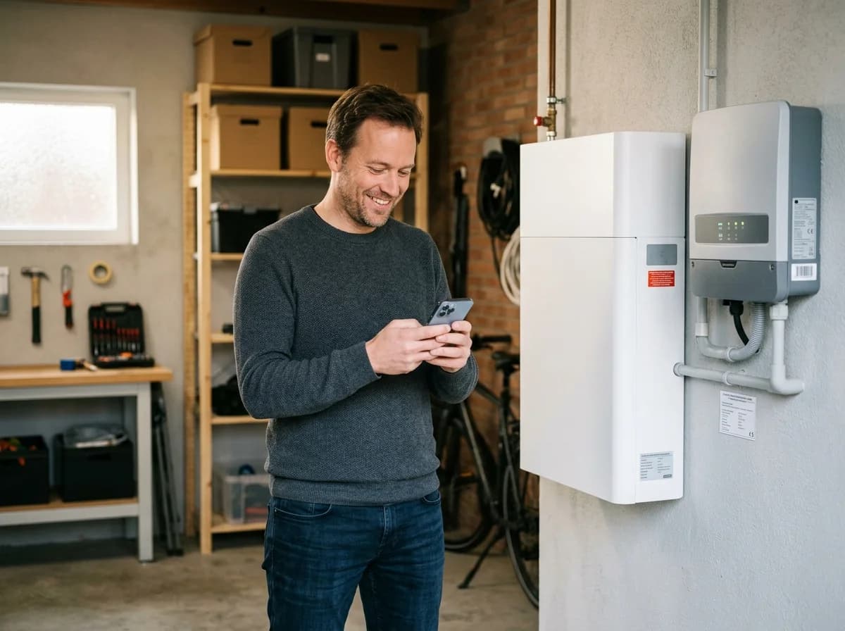 Huiseigenaar bekijkt energiebesparing op smartphone naast thuisbatterij