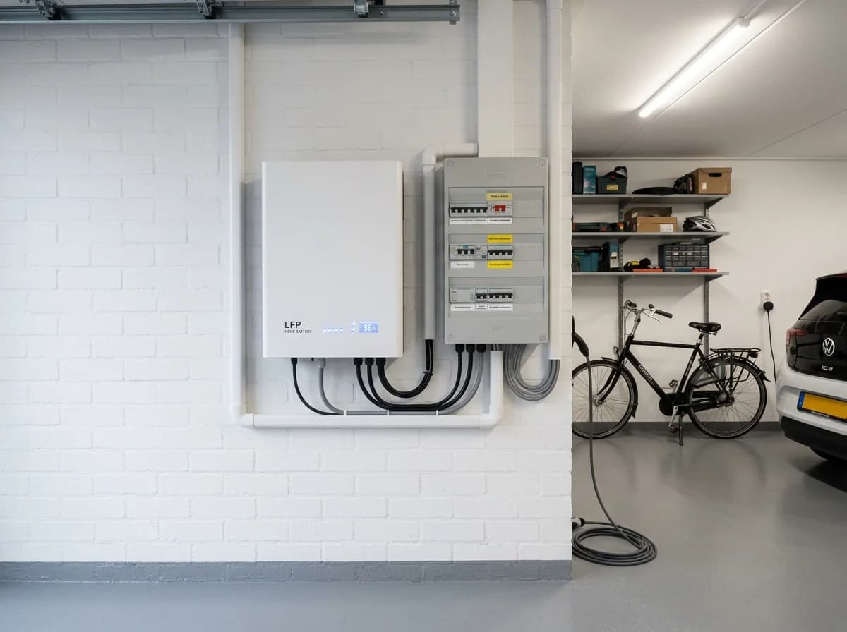 Thuisbatterij wandmontage in garage naast meterkast