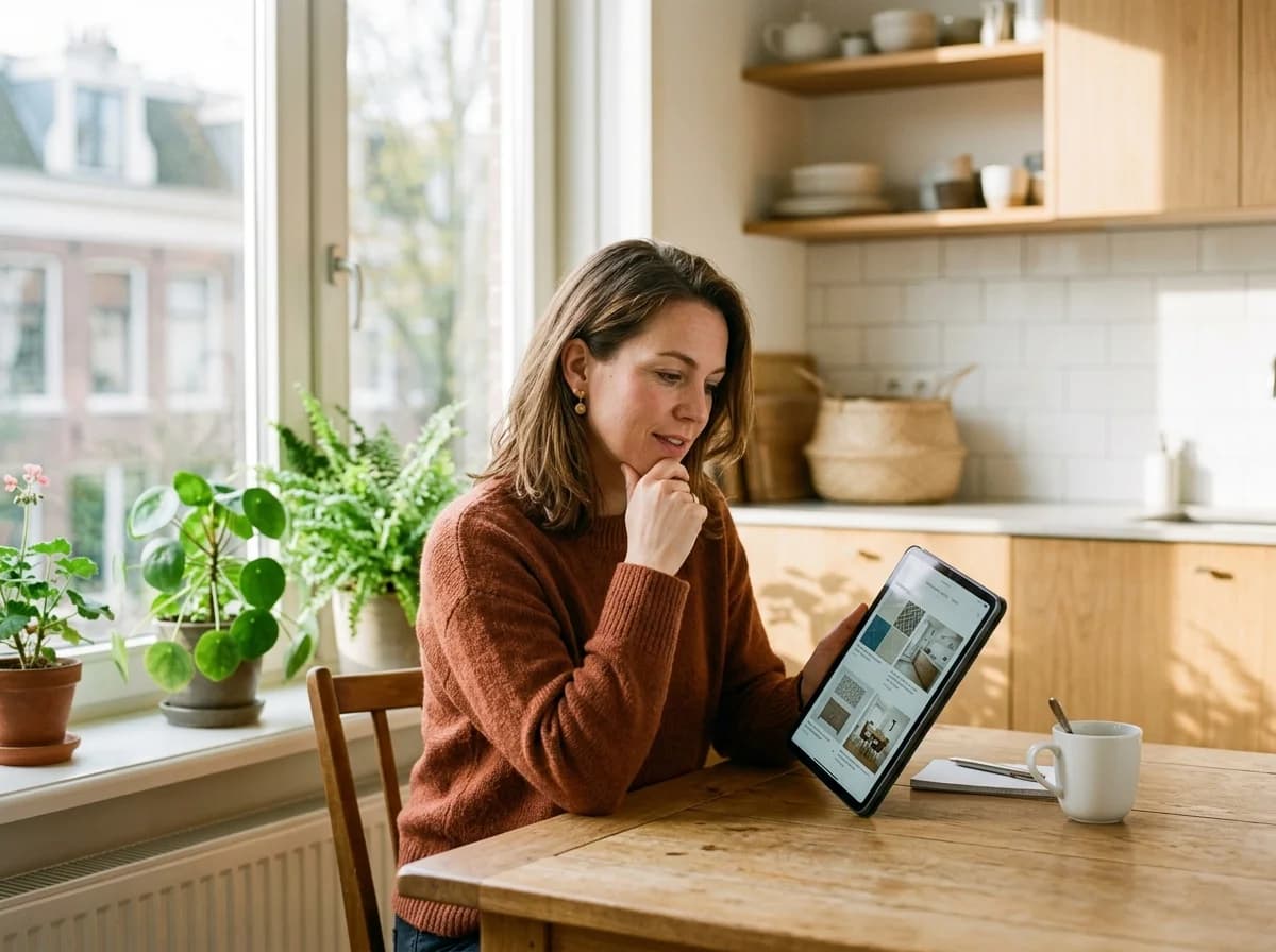Huiseigenaar vergelijkt thuisbatterij-opties op tablet aan keukentafel
