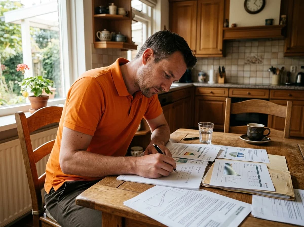 Energieadviseur bespreekt thuisbatterij-advies met huiseigenaar in woonkamer