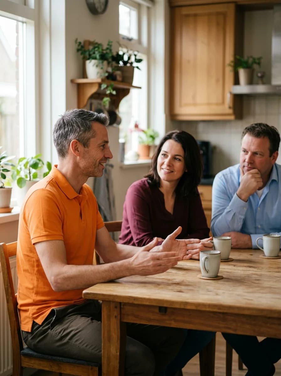 Energieadviseur bespreekt thuisbatterij-advies met huiseigenaar aan keukentafel
