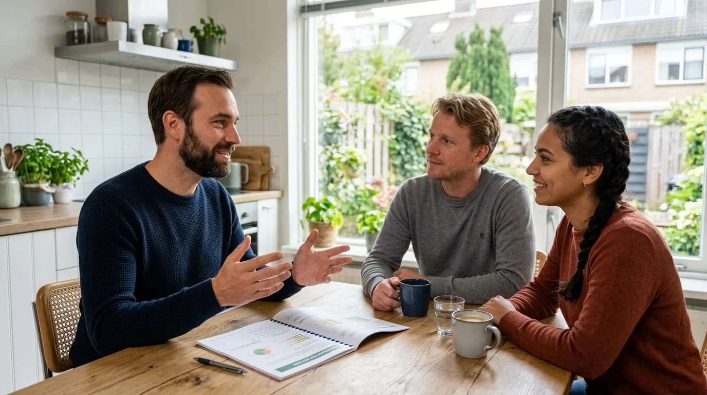 Energieadviseur toont Enphase thuisbatterij prijsberekening op tablet aan huiseigenaar