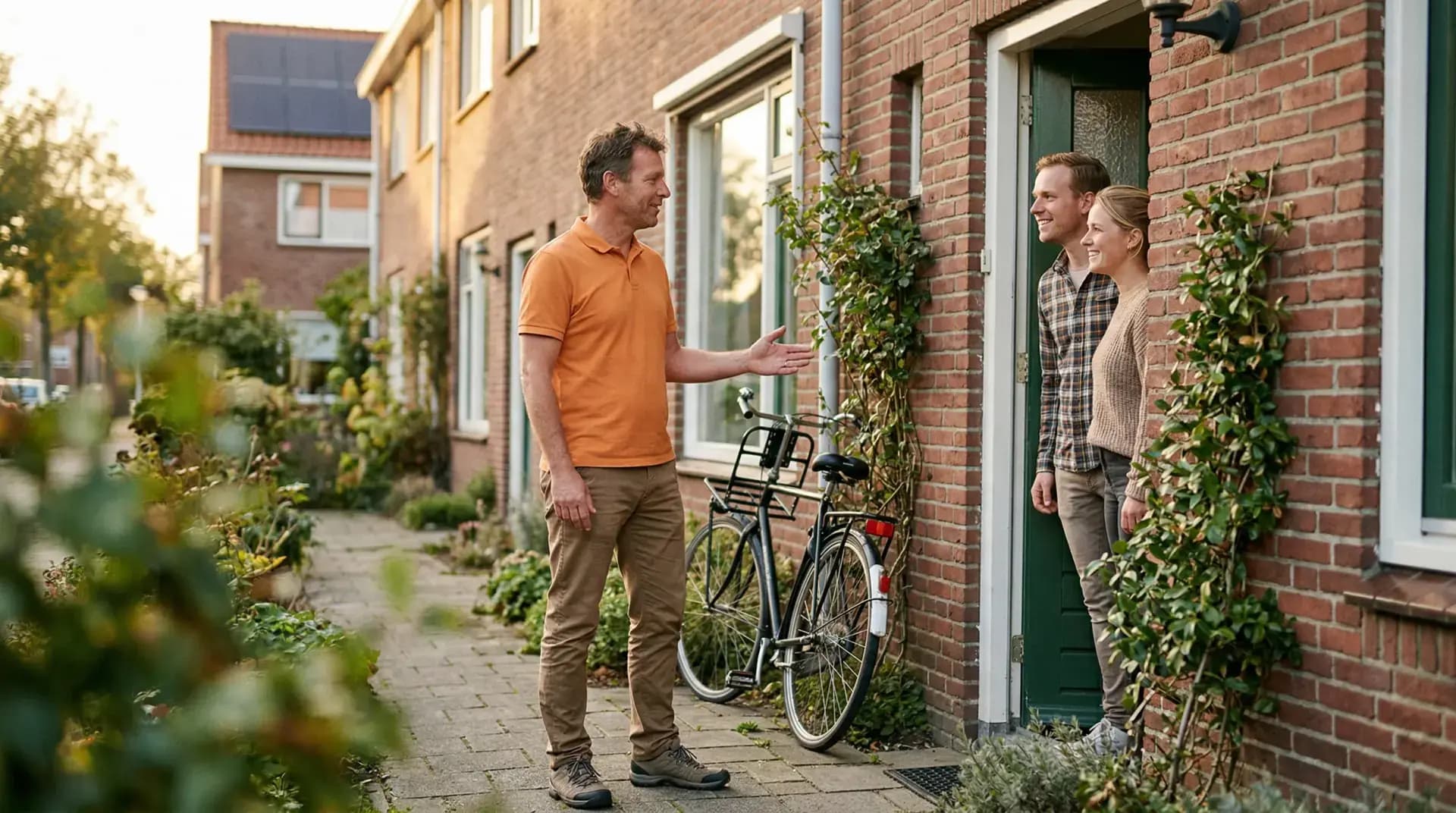Anteas energieadviseur in oranje polo begroet jong stel bij voordeur Nederlandse rijtjeswoning