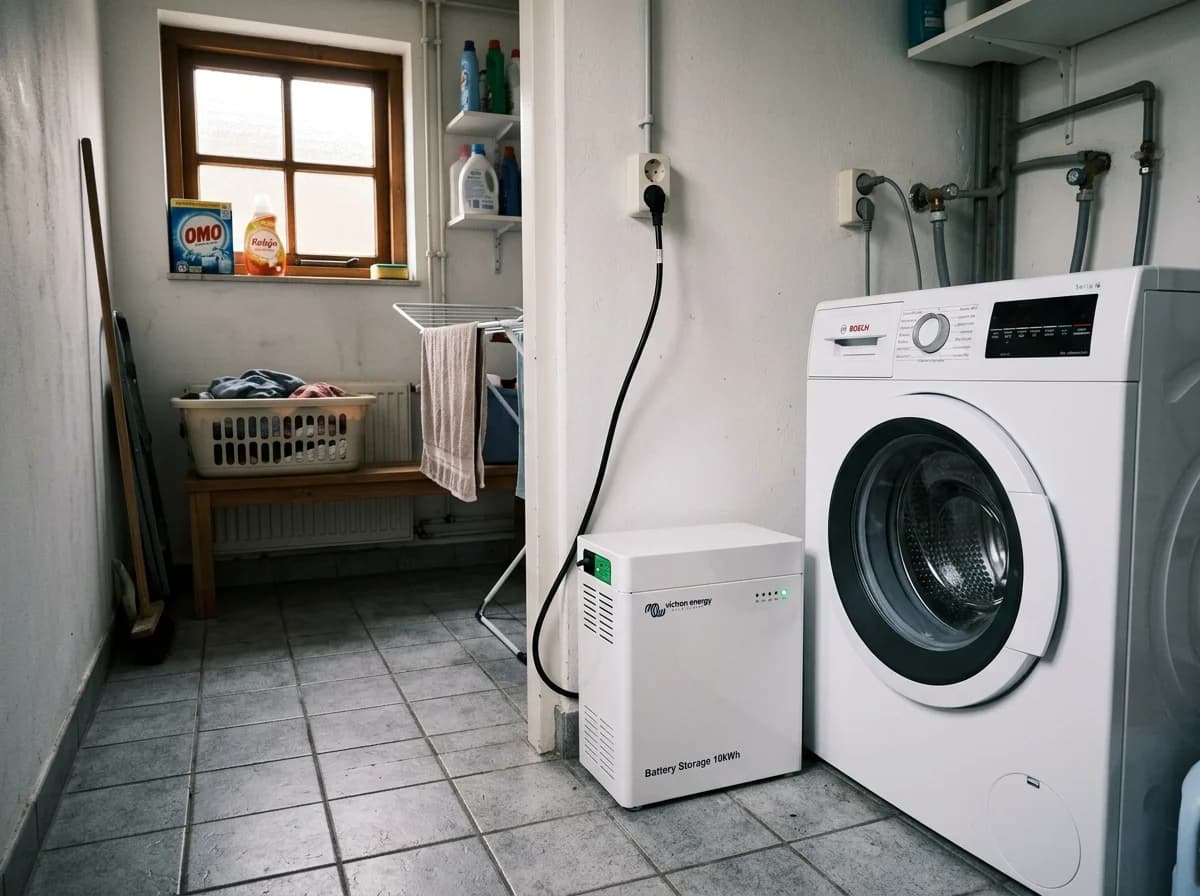 HomeWizard thuisbatterij geplaatst in bijkeuken naast wasmachine