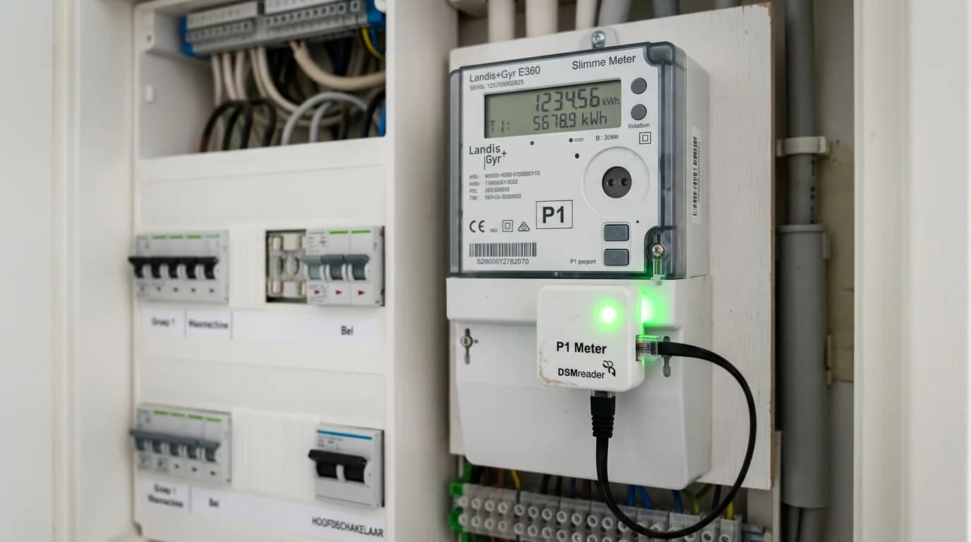 HomeWizard P1 meter aangesloten op slimme meter in Nederlandse meterkast