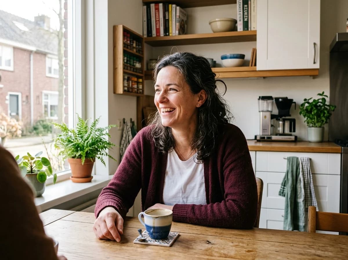 Huiseigenaar bekijkt energiebesparing op smartphone aan keukentafel