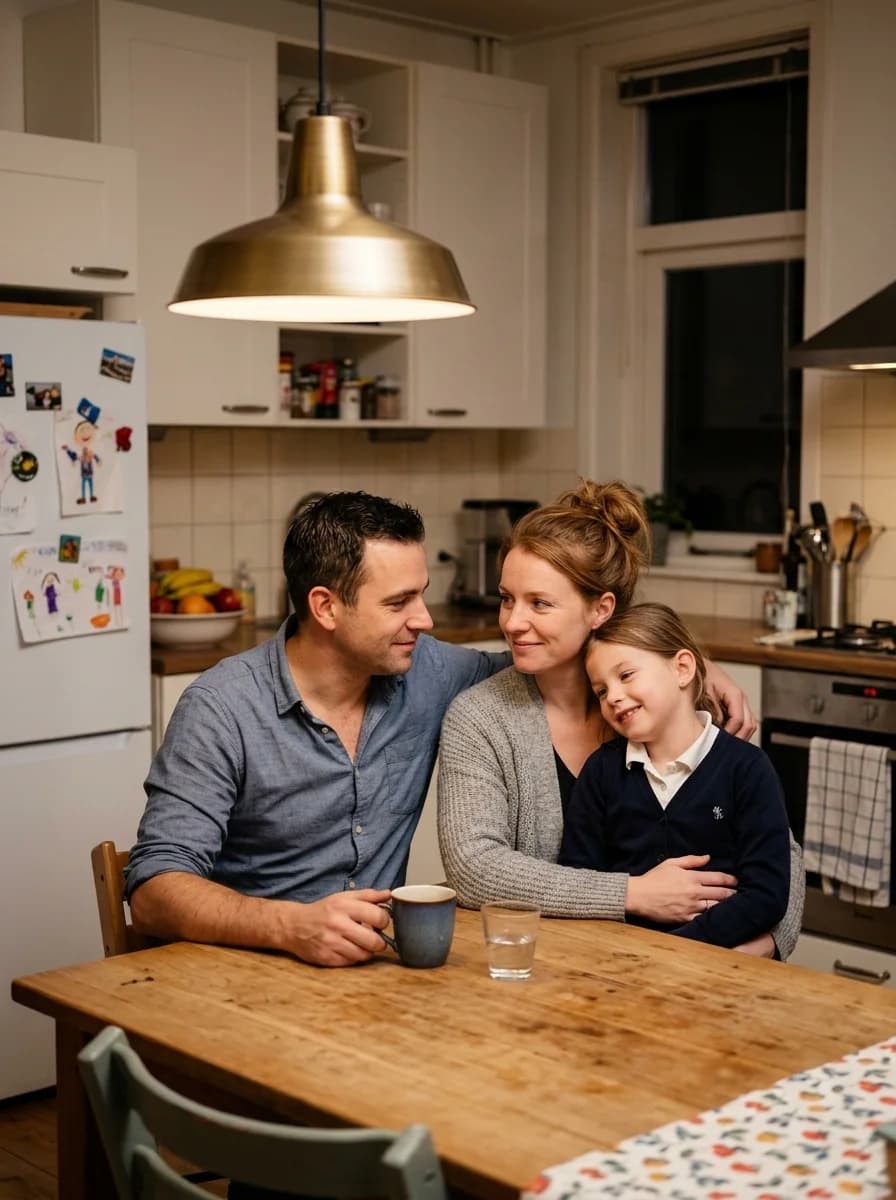 Tevreden gezin aan keukentafel in woning met thuisbatterij en zonnepanelen