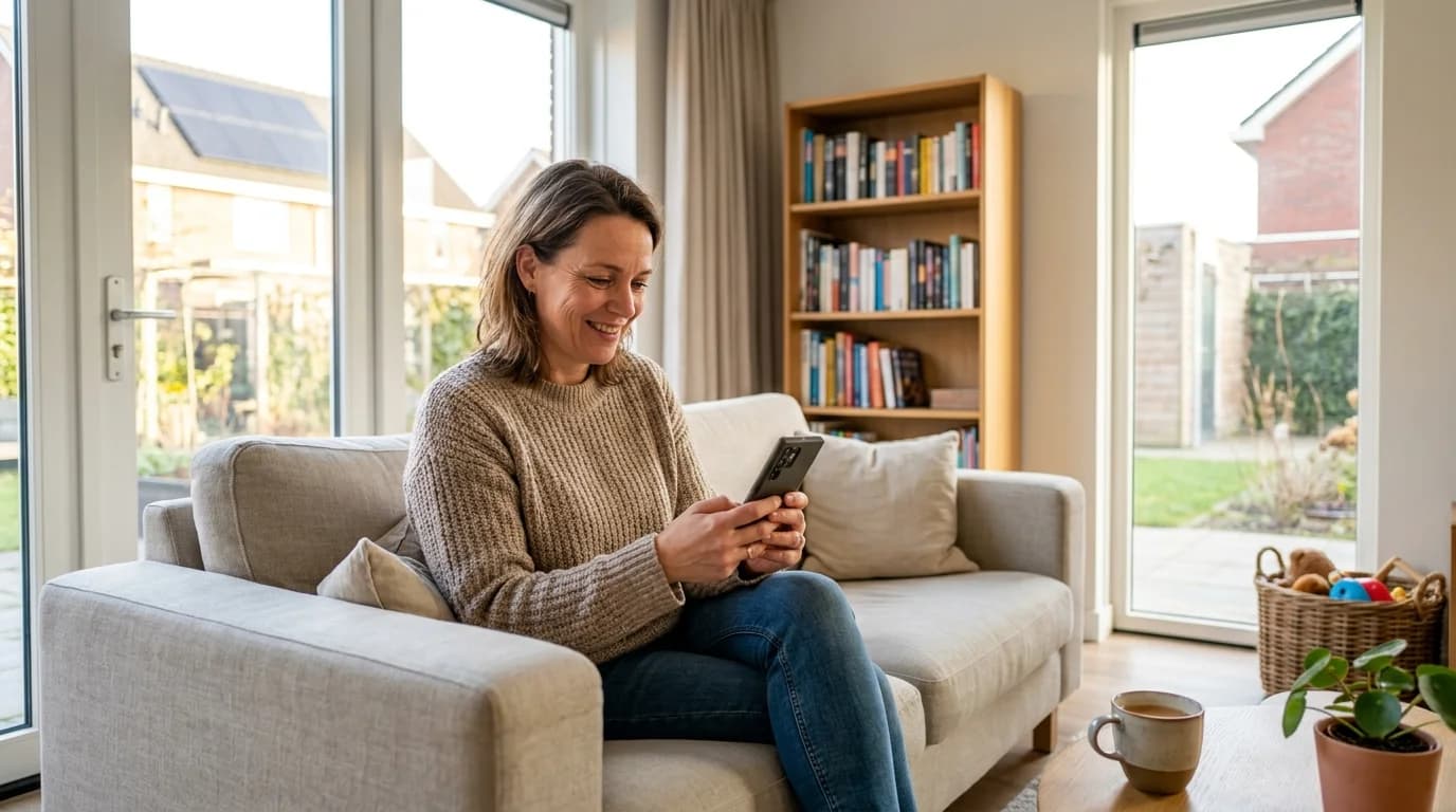Huiseigenaar bekijkt energiebesparing thuisbatterij op smartphone in woonkamer
