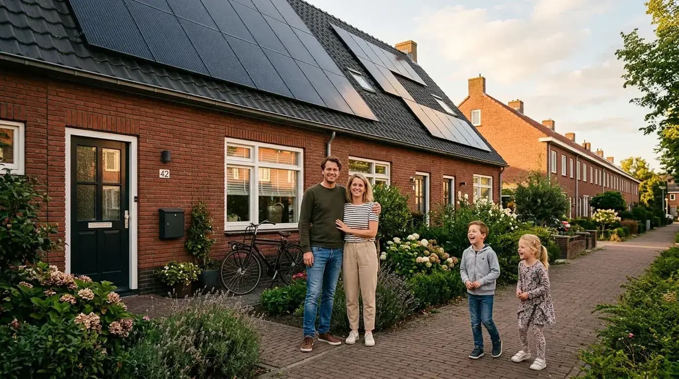 Jong gezin voor Nederlandse rijtjeswoning met zonnepanelen bespreekt thuisbatterij-opties