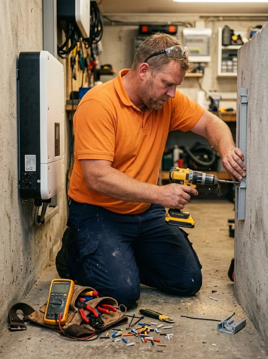 Installateur monteert thuisbatterij 20 kWh in garage van woning