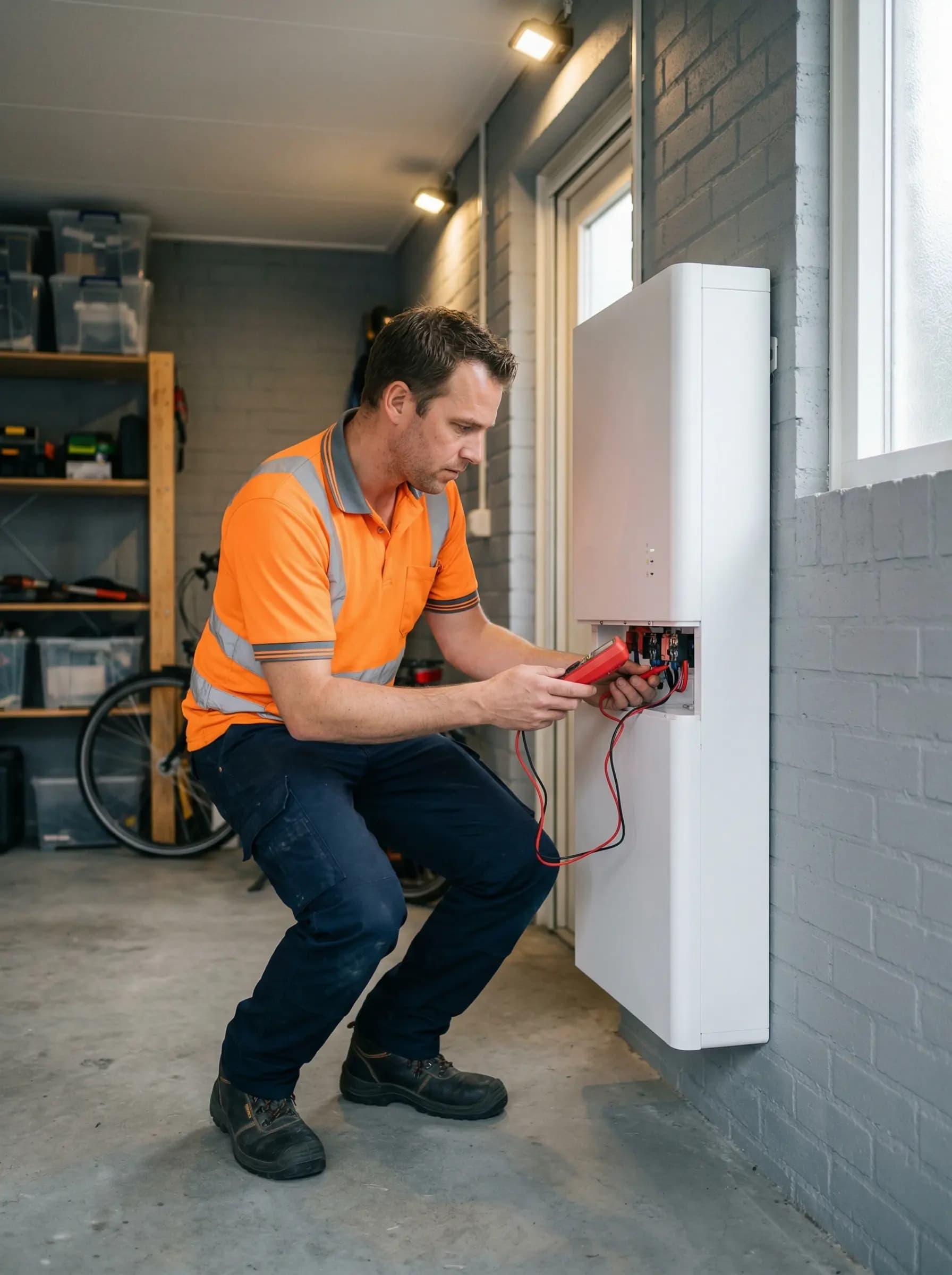 Vakman controleert AEG Solarcube thuisbatterij aansluiting in Nederlandse garage
