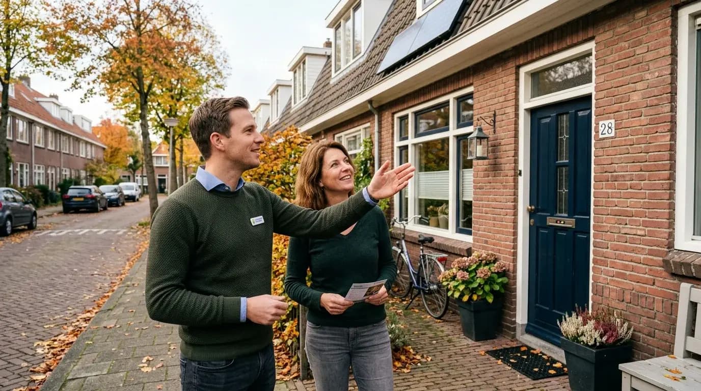 Energieadviseur bespreekt thuisbatterij quickscan-resultaat met huiseigenaar aan keukentafel