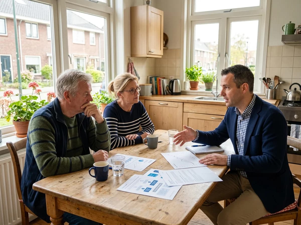 Energieadviseur bespreekt thuisbatterij-opties met huiseigenaar aan keukentafel