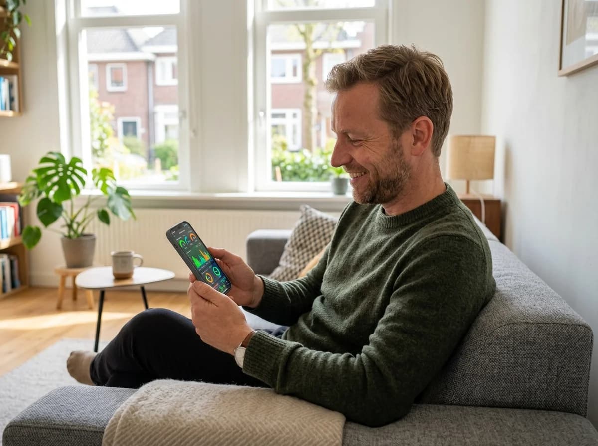 Huiseigenaar bekijkt energiemonitoring Tesla Powerwall op smartphone in woonkamer