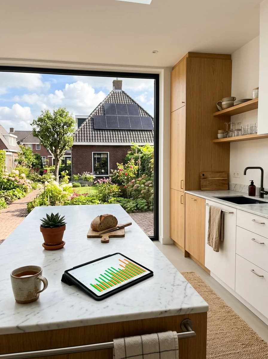 Huiseigenaar bekijkt Tesla Powerwall energieprestaties op tablet in woonkamer