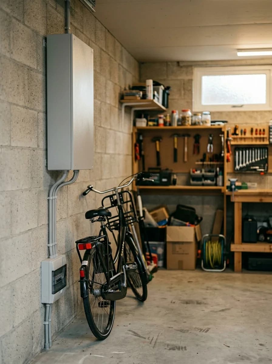 Thuisbatterij 20 kWh wandmontage in moderne garage naast fiets