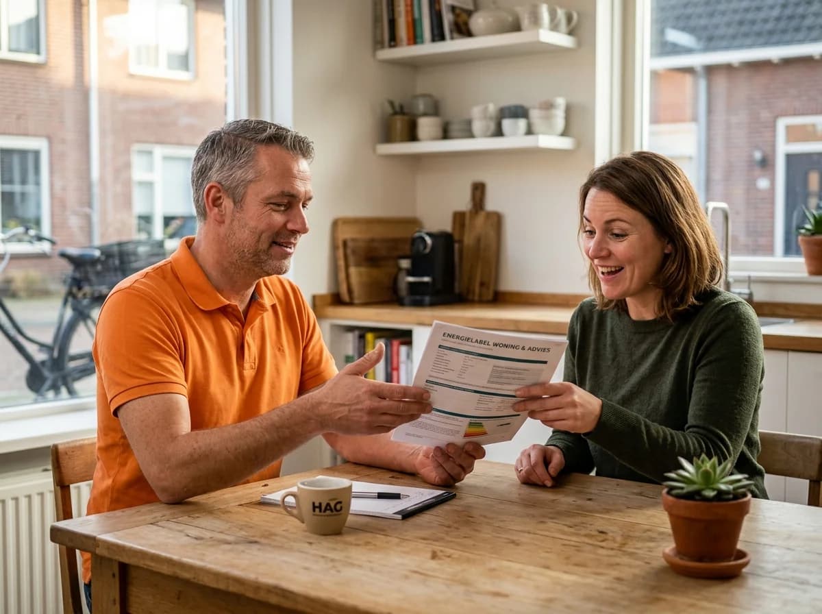 Energieadviseur presenteert persoonlijk kostenoverzicht thuisbatterij aan keukentafel