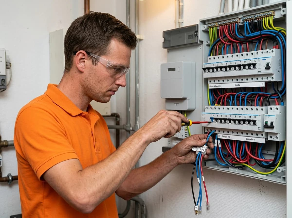 Elektricien controleert groepenkast voor thuisbatterij installatie
