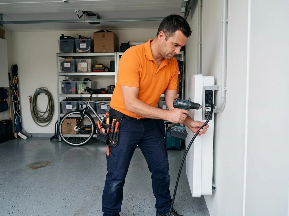 Installateur monteert thuisbatterij aan garagemuur naast meterkast