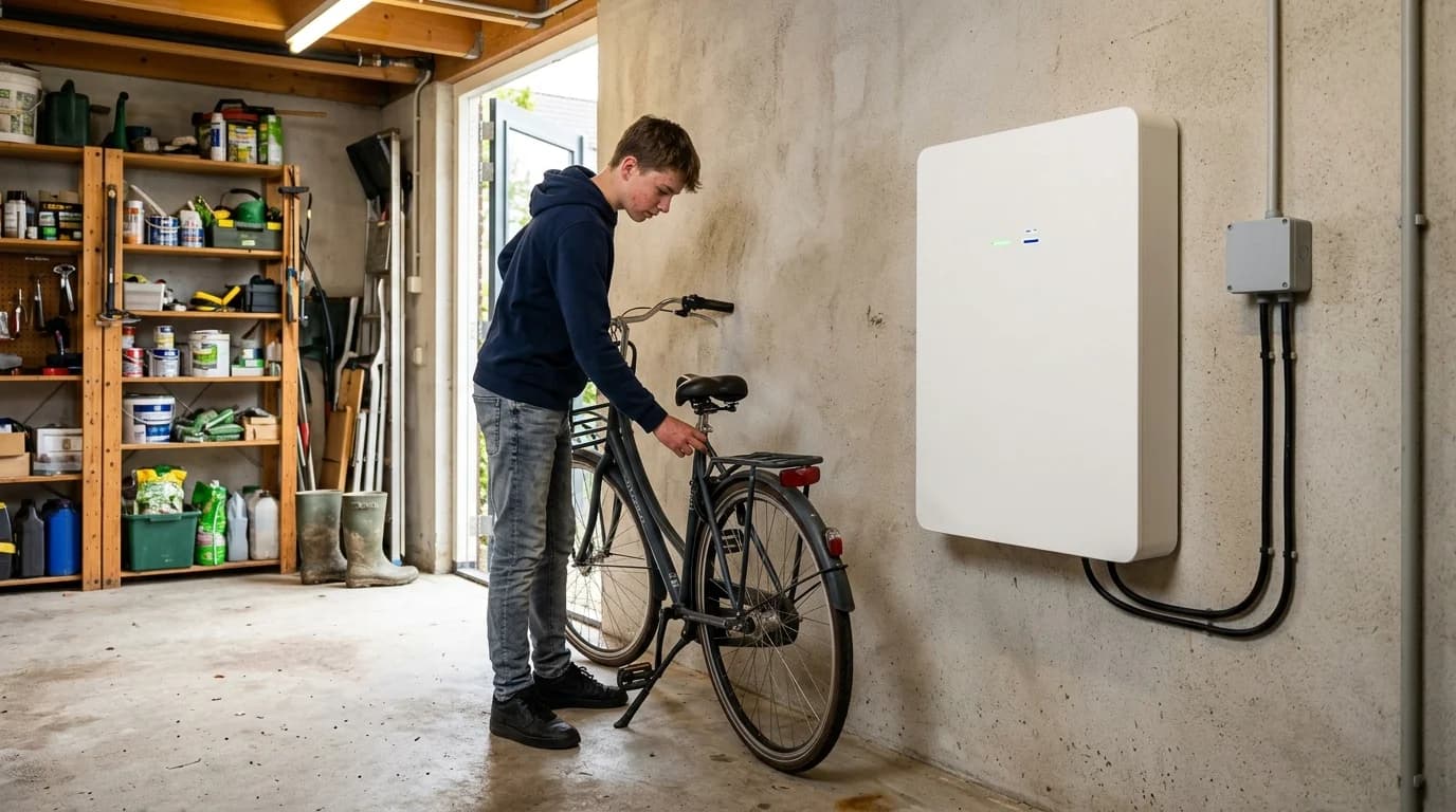 Thuisbatterij wandmontage in garage terwijl tiener fiets parkeert