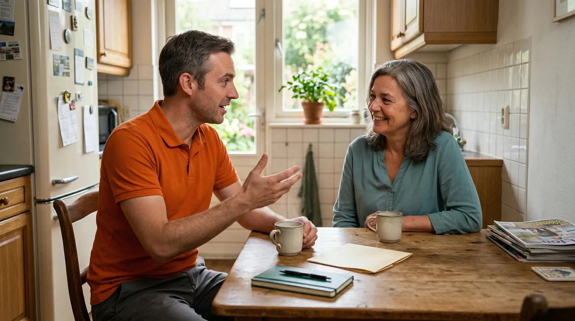 Energieadviseur bespreekt warmtepomp-advies met huiseigenaar aan keukentafel