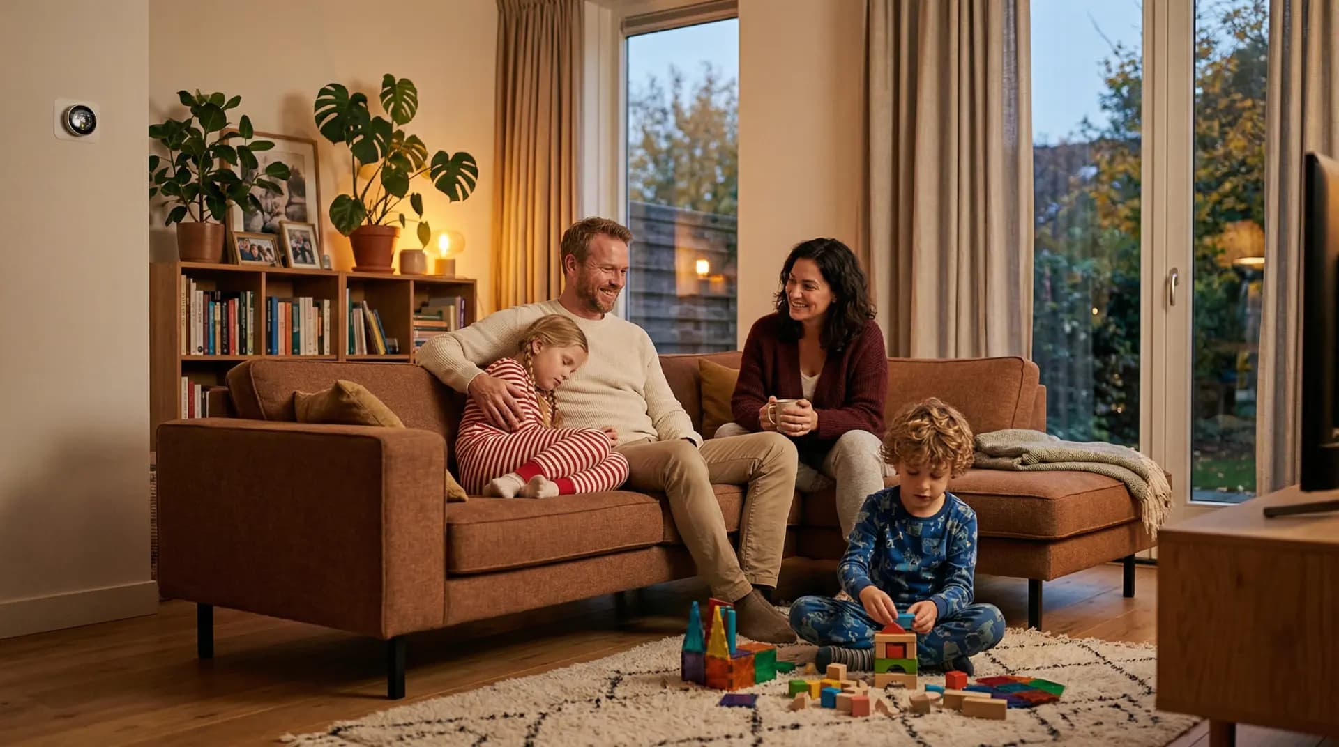 Gezin geniet van warme woonkamer met vloerverwarming op warmtepomp