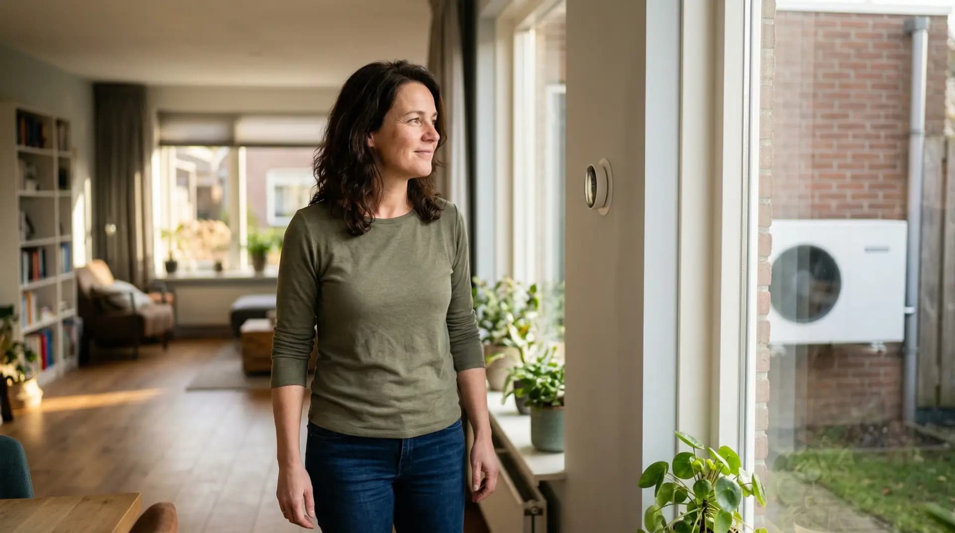 Huiseigenaar bij thermostaat in warme woonkamer met warmtepomp
