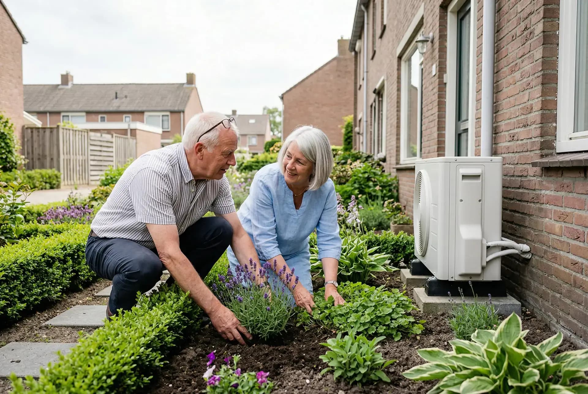Echtpaar plant lavendel in zijtuin naast warmtepomp buitenunit langs bakstenen gevel