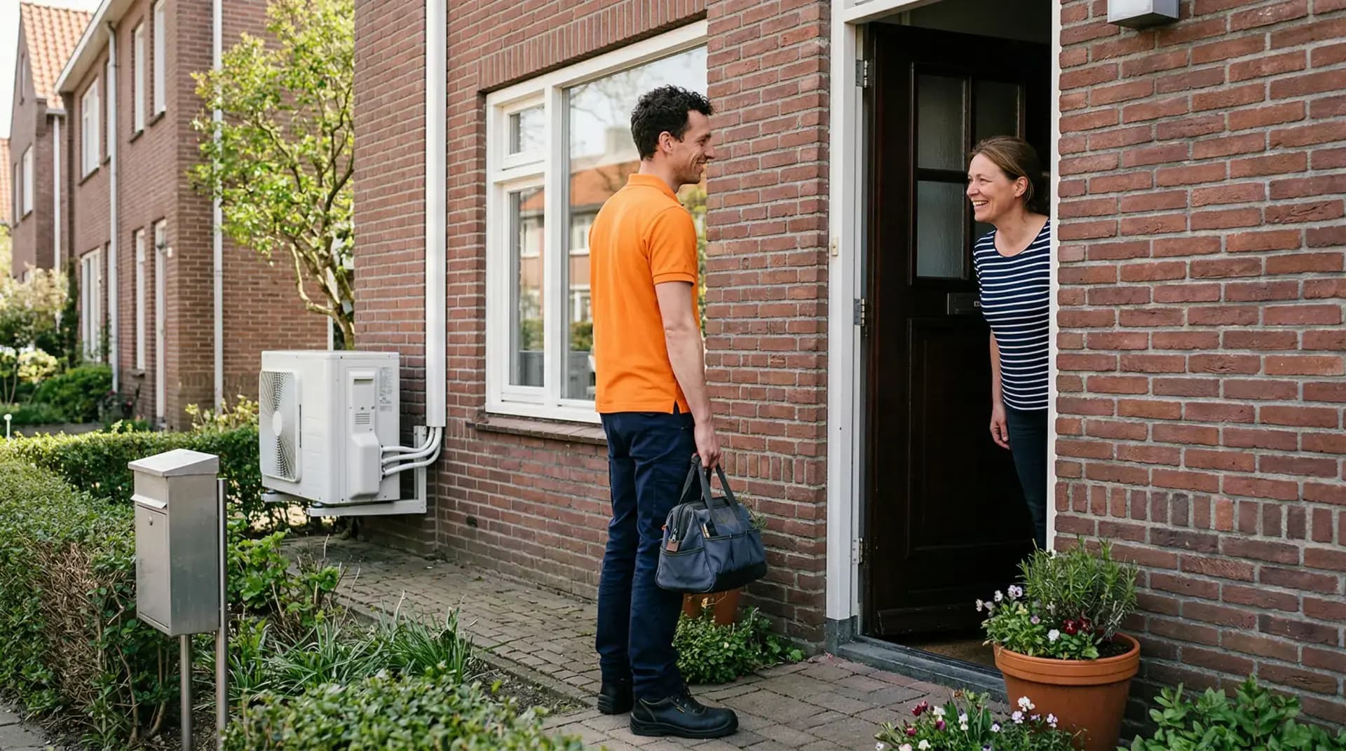 Installer placing a heat pump at a Dutch home