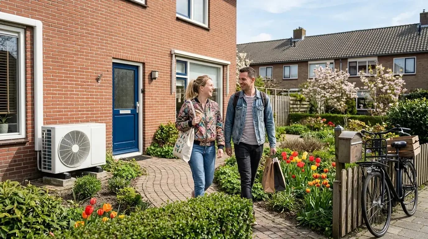 Lucht-lucht warmtepomp buitenunit aan moderne Nederlandse woning