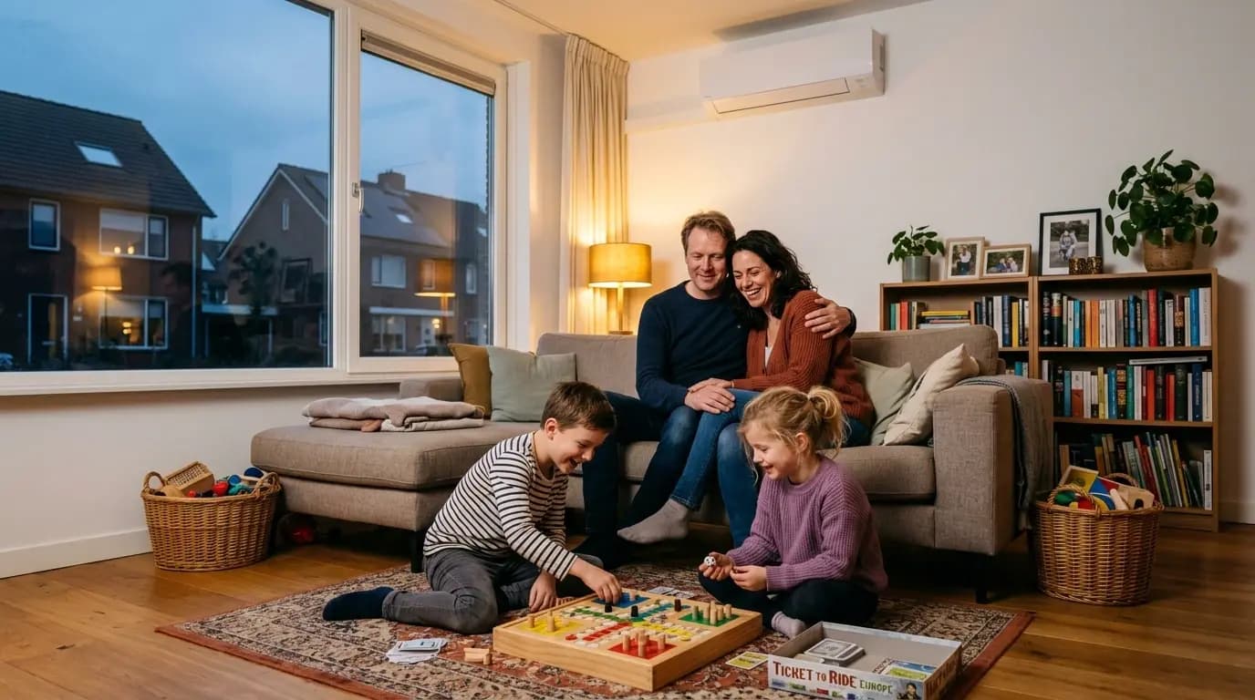 Gezin geniet van comfortabele temperatuur in goed geïsoleerde Nederlandse woning