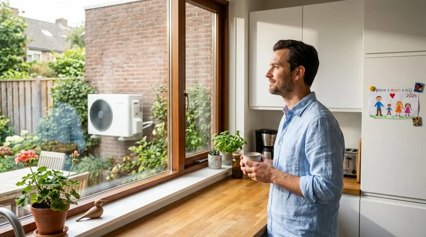 Huiseigenaar bekijkt NIBE myUplink app met energieverbruik op smartphone