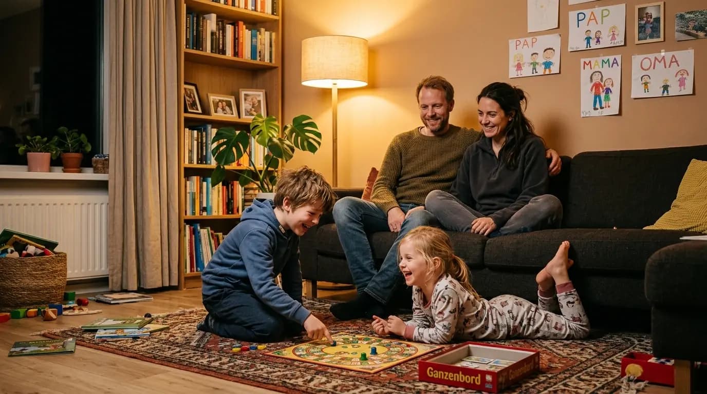 Gezin geniet van comfortabele warmte in woonkamer verwarmd met NIBE warmtepomp