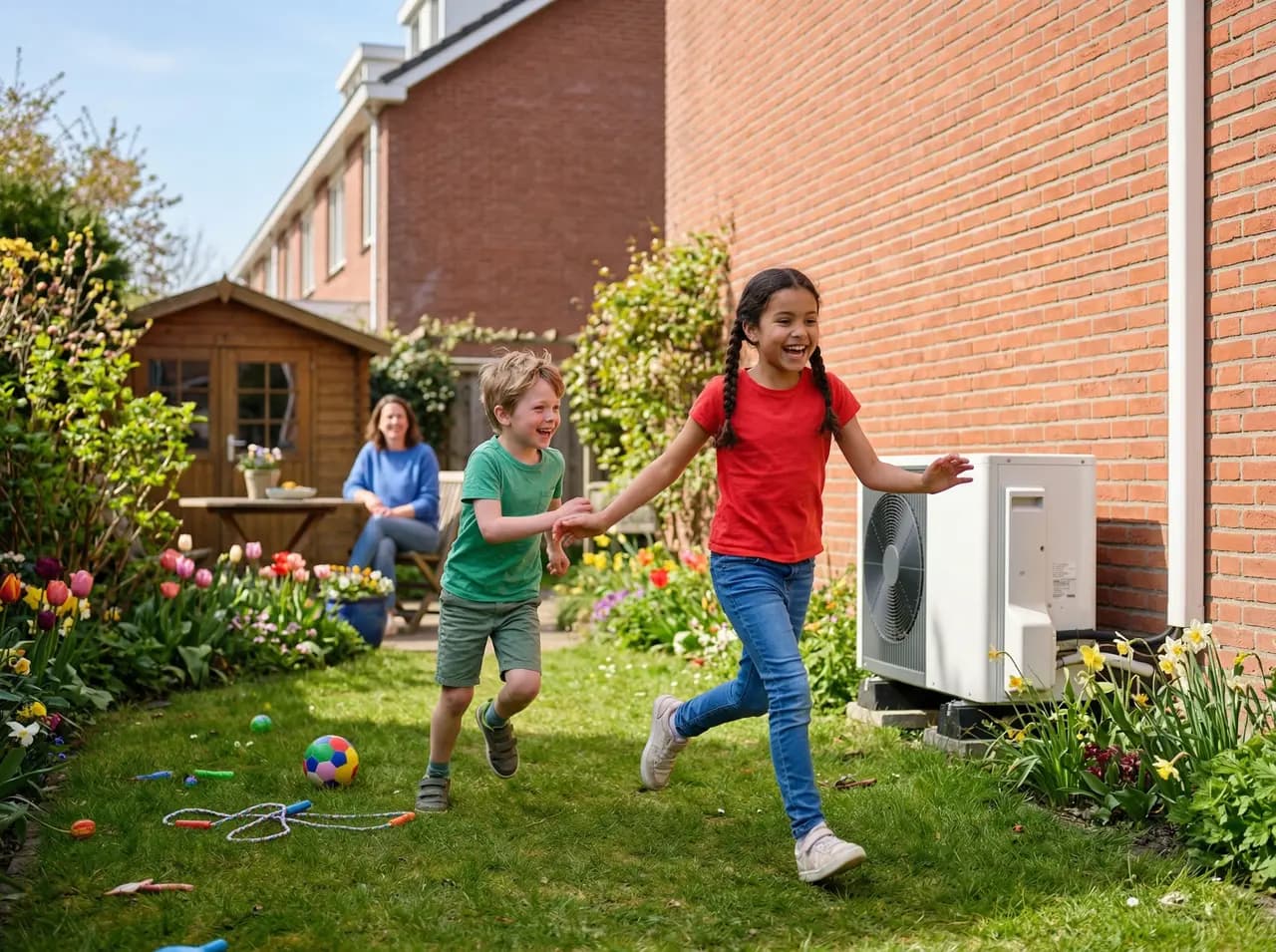 Kinderen spelen zorgeloos in de achtertuin met monoblock warmtepomp zichtbaar aan de zijgevel