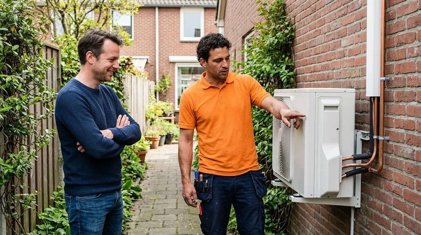 Bodemwarmtepomp installatie bij moderne woning met tuin