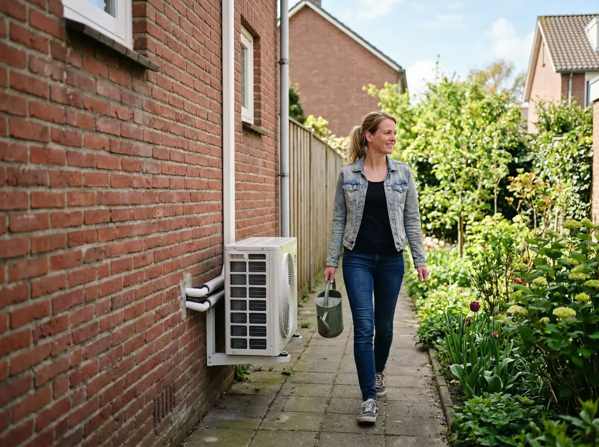 Warmtepomp buitenunit in nette tuin van Nederlands rijtjeshuis