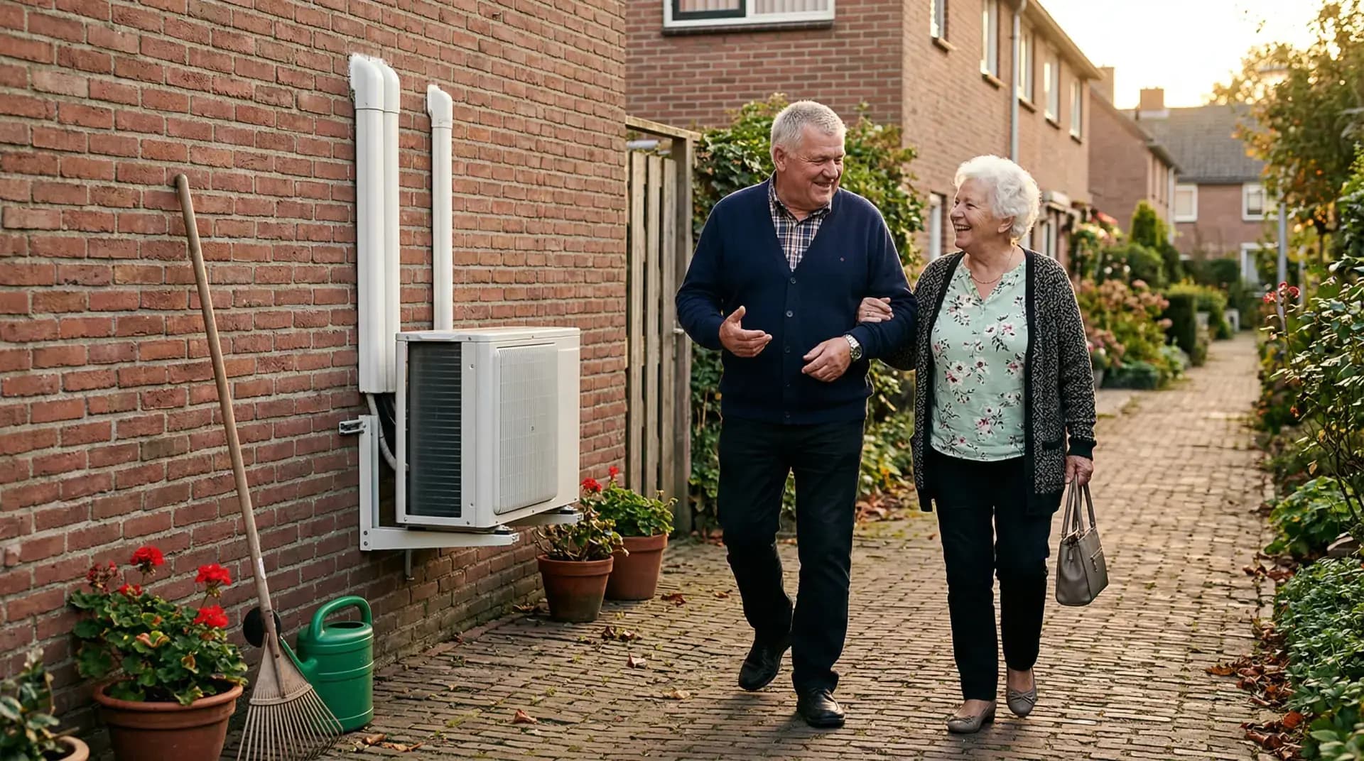 Heat pump outdoor unit mounted on the side wall of a Dutch home